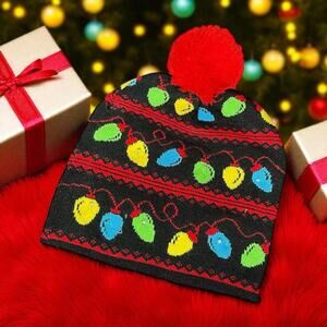 Light Up Christmas Holiday Knit Pom Beanie Hat Adults One Size Flash LED Red